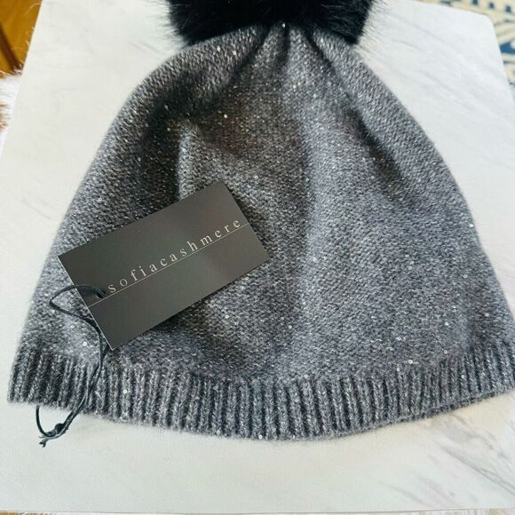 Sofia Cashmere Sequin 100% Cashmere Beanie with Faux Fur Pompom Gray/Black,‎ NWT